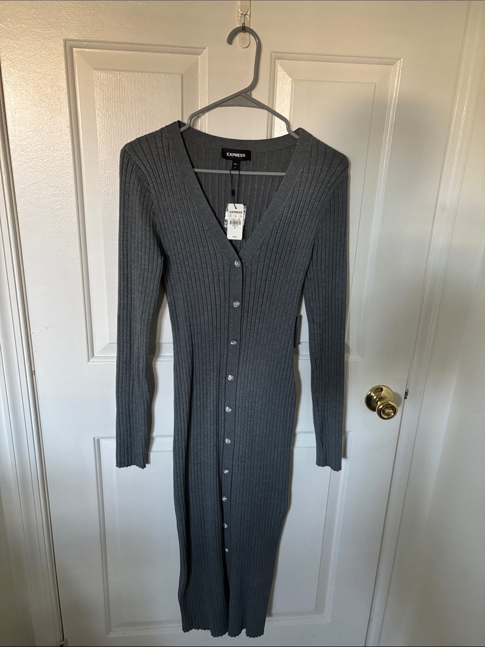 Express Charcoal Ribbed Button-Front Long Sleeve Midi Dress